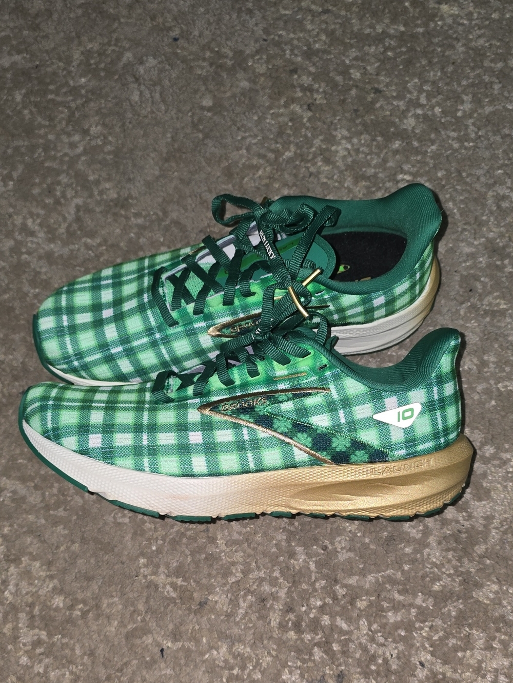 Brooks Green Plaid Running Shoes with Gold Trim